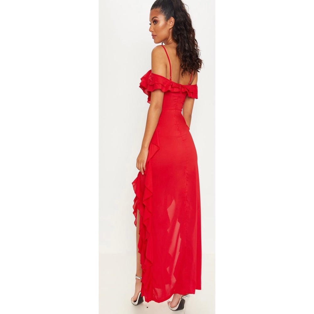 Red Cold Shoulder Ruffle Detail Maxi Dress - Picture 2 of 5